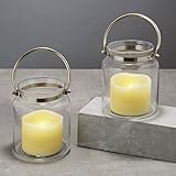 Set of 2 Outdoor Brighton Glass Tabletop Lantern with Flameless Warm White LED Unscented Candle, 8 F