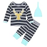 PER ベビー服 カバーオール ベビー 普段着　男の子　綿100％ 長袖 Tシャツ＆パンツ 帽子付き　上下 セット ストライプ柄 クリスマスヘラジカのプリンティング