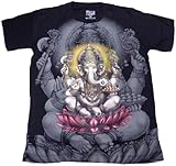 キッズ ガネーシャTシャツ2 夢を叶える象 アジアン衣類 (L, ブラック)