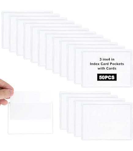 Origin-Joy 50 PCS Self-Adhesive Index Label Pockets, Clear Plastic Peel & Stick Card Holders With Top Open For Loading (8.5 X 3.5 Inch