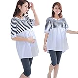 マタニティ授乳しやすい授乳服 ボーダー柄 授乳口付き　ワンピース 春 夏 (L, ネイビー＋ホワイト)