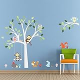 ElecMotive Cartoon Forest Animal Monkey Owls Fox Rabbits Hedgehog Tree Swing Nursery Wall Stickers W