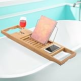 デラックス竹Bathtub Caddyトレイwith Extending Sidesブック、タブレットホルダーwithワインガラススロット