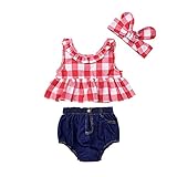 Liebeye 赤ちゃん服セット　3PCS　女の子　チェック柄　トップ+トライアングルデニムショーツ+ヘッドバンド　かわいい　衣装 レッド 110（2〜3歳）