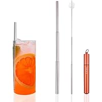 OMUKYステンレスストロー 長い ストロー おりたたみ 細め 錆びない 繰り返し利用可 環境にやさしい ストロー ブラシ 密封ケース付き (オレンジ)