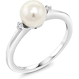 Gem Stone King 10K White Gold 7mm Cultured Freshwater Pearl Engagement Ring With Diamond Accent (Available 5,6,7,8,9)