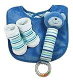 Stephan Baby Ultra Soft Plush Chewbie Squeaker Rattle, Bootie Socks and Reversible Bib Gift Set, Bea