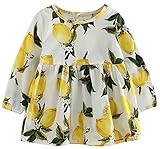 Plus Nao(プラスナオ) 子供用 ワンピース 長袖 膝上 フレアスカート Aライン ウエストギャザー ラウンドネック ウィンドカフス レモン 檸檬 ホワイト 130