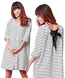 Sweet Mommy バックサテンリボン コットンポンチ素材 大人カジュアル ベーシックボーダー 異素材MIX 授乳チュニック ワンピ授乳服 マタニティウェア 産前産後 ／ ホワイト ／ F