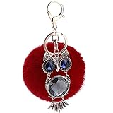 女性ファッション小物　ハンドバッグペンダント　合金のフクロウの人造毛皮の　ふわふわのポンポンボールキーホルダー　キーリング　レッド