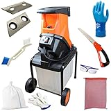 Professional【替刃付】 YARD FORCE 枝シュレッダー ＋「【専用替刃2枚(止めネジ付)】・透湿防水性手首ジャージ素材作業用グローブ・切チップ掃除ブラシ・粉砕チップ入れ土のう袋・粉砕