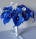 ロイヤルブルーリアルタッチカラーリリー柄ブライダルウェディングブーケ&ブートニア 12" Bouquet ブルー