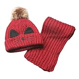 POTOJP 韓国風 猫ちゃん ニット帽子&マフラーセット 赤ちゃん 無地 帽子 ふわふわ ポンポン付き 女の子 男の子 秋冬 防寒・保温 ハット (WE)