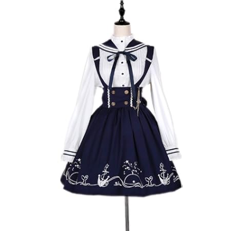 Amazon セーラー襟ワンピース ネイビー日常洋服ゴスロリ コスプレ コスチューム 長袖ワンピース 人形師 ドレス ロリィタ Op 膝丈 Lolita ロリータファッション ロリータ服 お茶会ワンピース クラゲ 森ガール レディース フリルレース 可愛いお嬢様姫系 少女ワンピ 撮影
