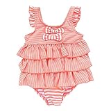 Girl's ボーダー柄ショルダーフリルワンピース水着 (120/オレンジ) 【CN-SW021】 子供用 女の子 スイムウエア