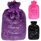 Hot Water Bottle With Faux Fur Cover - Black With 'Love To Sleep' and Stars Design by Chew2you