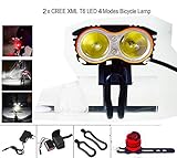 自転車ライト, Yafire 超高輝度自転車 LEDライト2X XML U2 LED (Max.5000ルーメン　4モード) 18650 3.7V 充電式リチウムイオン電池 & 自転車 LED テール