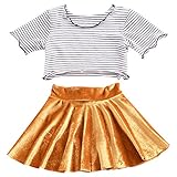 Hzjundasi 幼児の赤ちゃんの女の子の夏の二ピースコットンストライプショートスリーブTシャツ+ゴールデンベルベットショートスカート子供のスーツスカートセット