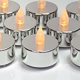 Silver Candles - Set of 24 Flameless Tealights - Metallic Silver Candles with Flickering Flame - Sil