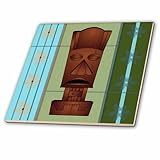 Janna Salak Designs Tikiマスク – Wood Grain Tropical Tikiマスク – ハワイアン花オレンジ青と緑 – タイル 8-Inch-Ceramic ct_77