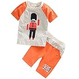 【SEBLES】ベビー 赤ちゃん 男の子 女の子 ユニセックス 半袖 ラウンドネック プリント Tシャツ 国旗 イギリス 兵隊さん ズボン ボトムス セット コットン 綿(オレンジ,80cm)