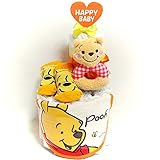 16094　おむつケーキ２段　男女共用　くまのプーさん　ガラガラ・スタイ・ベビーソックス　オムツケーキ　ディズニーキャラクター 出産祝い