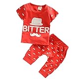 【SEBLES】ベビー 赤ちゃん 男の子 女の子 ユニセックス 半袖 ラウンドネック プリント Tシャツ 髭 ヒゲ クール ズボン ボトムス セット コットン 綿(レッド,90cm)