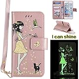 iPhone 7 Plus/iPhone 8 Plusウォレットケース、SevenPandaルミナスレザーウォレットケースブリーフケース保護ケース美しい少女と猫のパターンナイトルミナスデザインスタンド