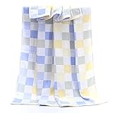 Lemondaカラフルなグリッドパターン 通気性が良い 子供用/ベビー用 コットンガーゼ 二重ガーゼケット 柔らかい肌触り　バスタオル ブランケット 出産祝い　お昼寝　70*140cm (ブルー)