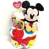 16035 おむつケーキ２段男女共用　ディズニー　ミッキーマウス　ぬいぐるみとラッパのおもちゃ　出産祝い　オムツケーキ　キャラクター