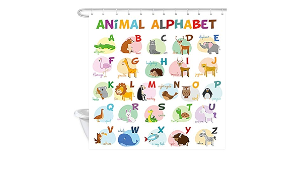 Amazon Jawo 英語アルファベットシャワーカーテン かわいい動物園イラストアルファベットと面白い動物 ポリエステル生地 バスルーム装飾 フック付きバスカーテン バスルームアクセサリー 69x70インチ シャワーカーテン ホーム キッチン