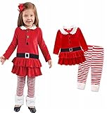 Puresino子供服　ベビー服　クリスマス ドレス＋パンツ　2点セット 長袖 ワンピース コスチューム ストライプ ビロード (120, レッド)