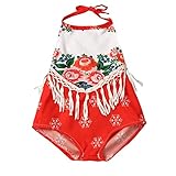 Franterdベビー女の子エスニックフラワー印刷タッセルバックレスホルターネックロンパースSunsuit 0-6M レッド