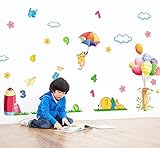 BIBITIME 0-9 Number Wall Sticker Cat take Umbrella in Clouds Sky Birds Paper Plane Decals Bear lie o
