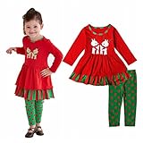 Puresinoキッズ 子供服 女の子　クリスマス ワンピース+ズボン2点セット トナカイ ドレス 衣装 コスチューム ベビー (90, レッド)