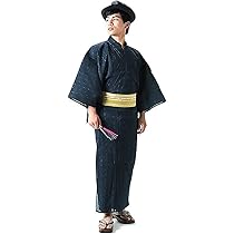 Amazon | [ 京都きもの町 ] 男性 綿麻浴衣2点セット「紺色細縞