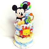 16091 おむつケーキ３段男の子　ミッキーマウスぬいぐるみ・スタイ・ベビー服　知育玩具３点セット　オムツケーキ　ディズニーキャラクター　出産祝い