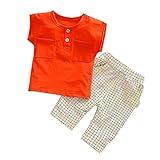 【SEBLES】ベビー 赤ちゃん 女の子 男の子 ユニセックス 半袖 ラウンドネック 無地 ポケット Tシャツ チェック ズボン ボトムス パンツ セット ツーピース コットン 綿(タイプD,85cm