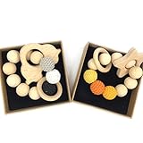 Kissteether 2個木製のブレスレット環境にやさしい赤ちゃんのおしゃれなおしゃぶりおもちゃの幼児のおしり房バングル型のラトルクリスマスギフト (木製の色 6)