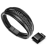 MURTOOムートー多重編みと平ら本革ステンレスバックルメンズレザーブレスレット ブラックレザー