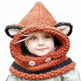 Puresino キッズ ニット帽子 ベビー 耳付き ネックウォーマー 子供用 スヌード ネックウォーマー 防寒 秋冬 狐の耳 (S, オレンジ)