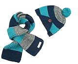 Plus Nao(プラスナオ) 子供用 ニット帽 ボンボン付き ボーダー ボタン付き マフラー付き 2点セット セットアップ ニットキャップ キッズ ジュニア 男の子 女の子 冬帽子 - オレンジ