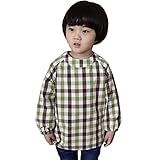 スモック　保育園　男の子 お食事エプロン　コットン　チェック柄 女の子 通園グッズ 長袖 (100(身長80-90cm), グリーン)