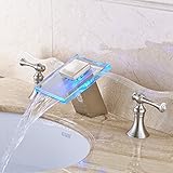 Rozinガラス注ぎ口Waterfall Widespreadバスルームシンク蛇口LEDライト、つや消しニッケル