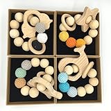 Kissteether 4個木製のブレスレット環境にやさしい赤ちゃんのおしゃれなおしゃぶりおもちゃの幼児のおしり房バングル型のラトルクリスマスギフト (木製の色 12)