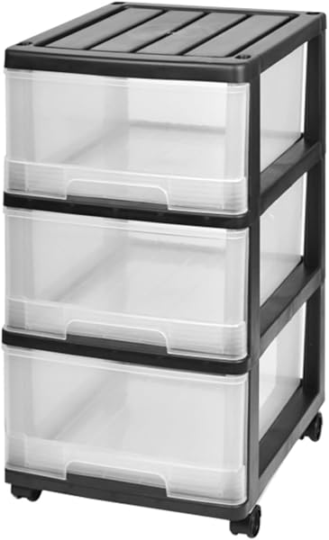 収納ケース 3段 キャスター付き プラスチック スリム チェスト タンス 衣装ケース 深型 引き出し 幅34.5cm 奥行41.5cm 高さ69.4cm 組立式 日本製 (ブラック/クリア, 単品)F3-1BK - 1