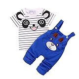 ベビー パンダ プリント Tシャツ つりズボン セット 可愛い ファッション 快適 (90, ブルー)