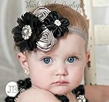 ☆素材の違うお花がエレガントお花とラインストーンのヘアバンド☆ブラック＆グレー