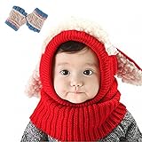 子供 用 ニット帽子 うさぎちゃん風 ニット帽 ベビー キッズ 赤ちゃん かわいい ＆色ランダム防寒グローブ あたたかい手袋セットとして (レッド)