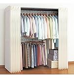 伸縮式クローゼットハンガーラック 2段収納 カーテン付き (ホワイトウォッシュ)